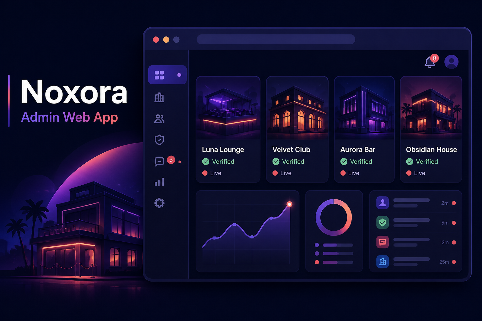 Noxora admin web app conceptual dashboard illustration