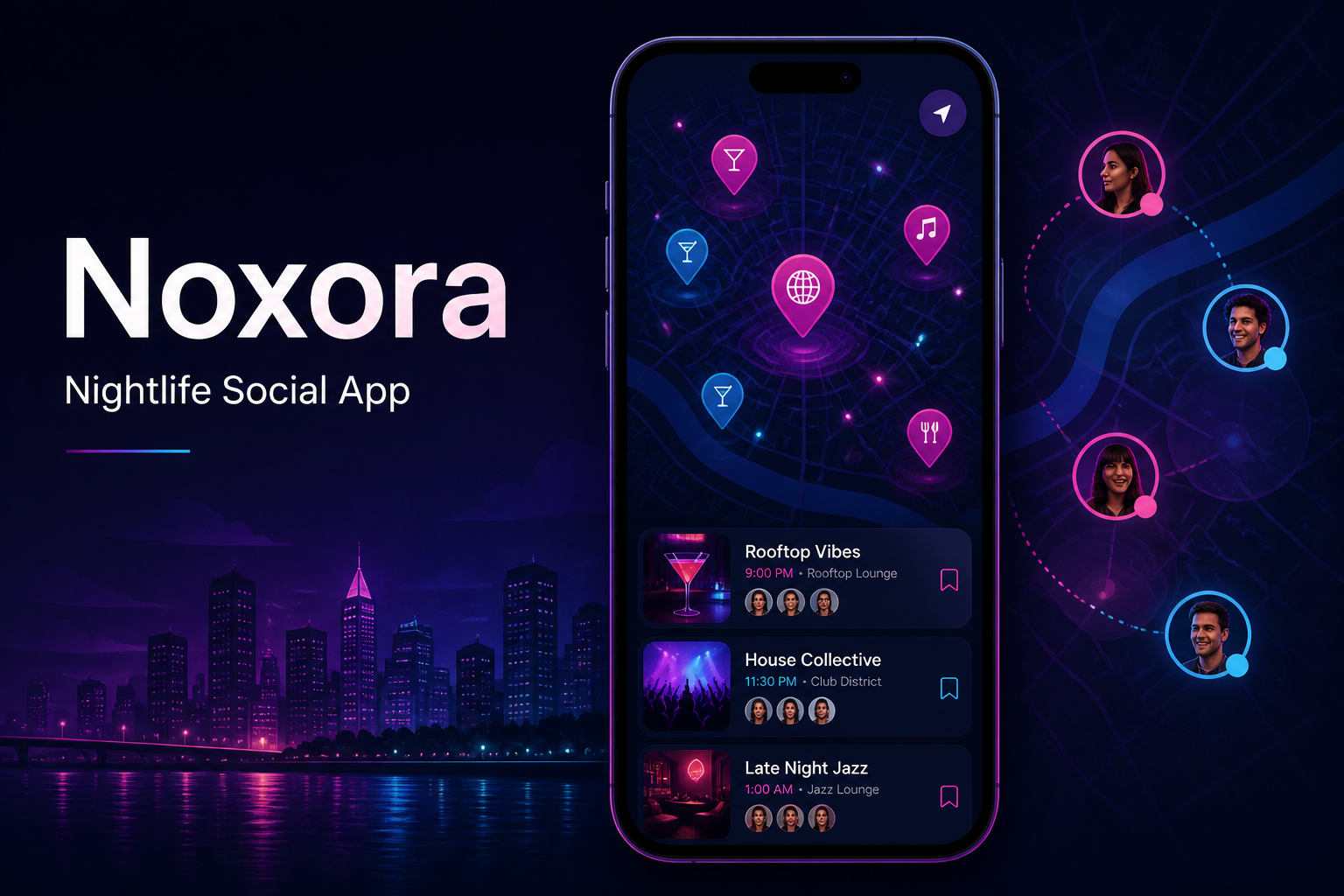 Noxora nightlife social app conceptual mobile illustration